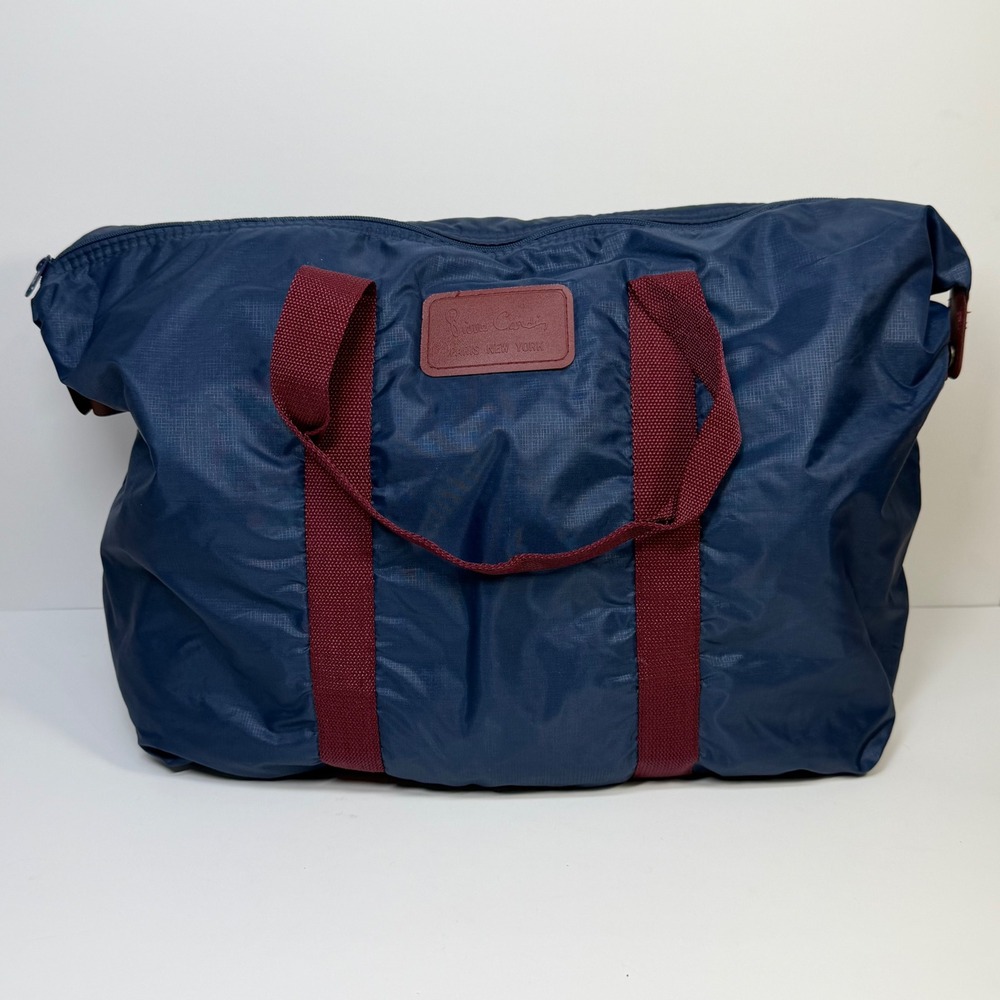 Pierre Cardin Vintage Navy Blue Ripstop Nylon Duffel Travel Bag Burgundy Retro
